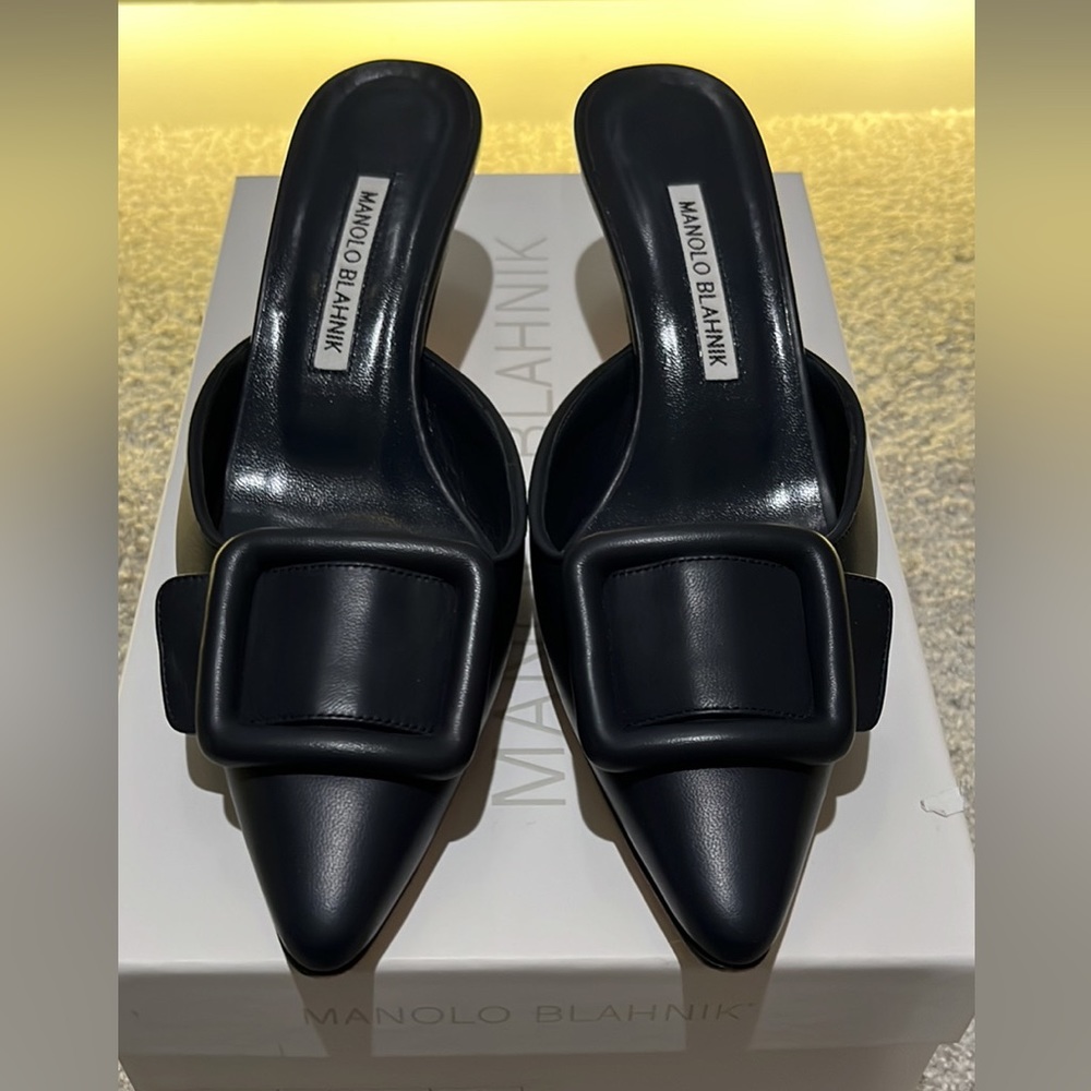 Manolo Blahnik Maysale Navy Mules 37.5